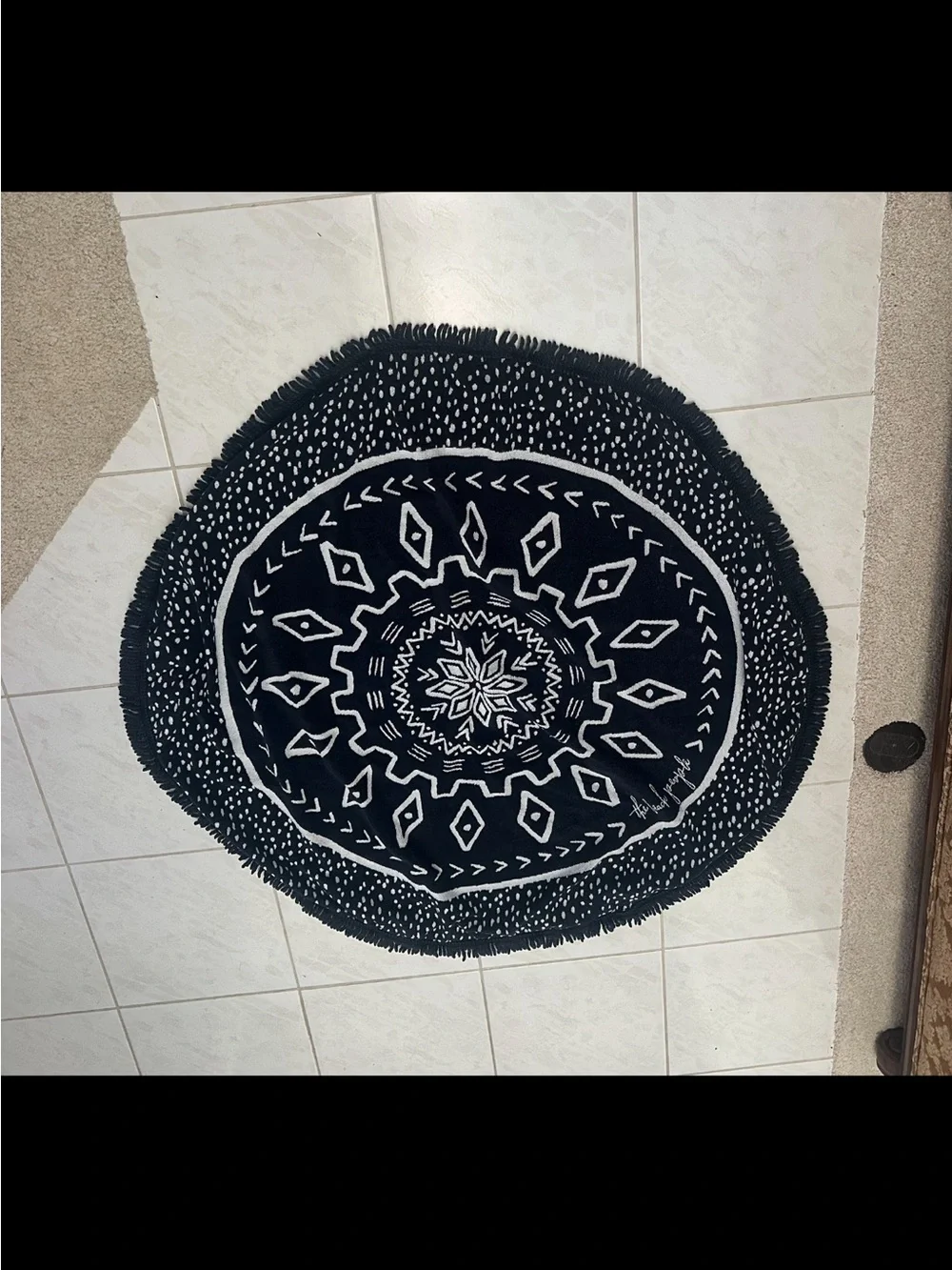 Round Black & White Beach Towel with Geometric Print